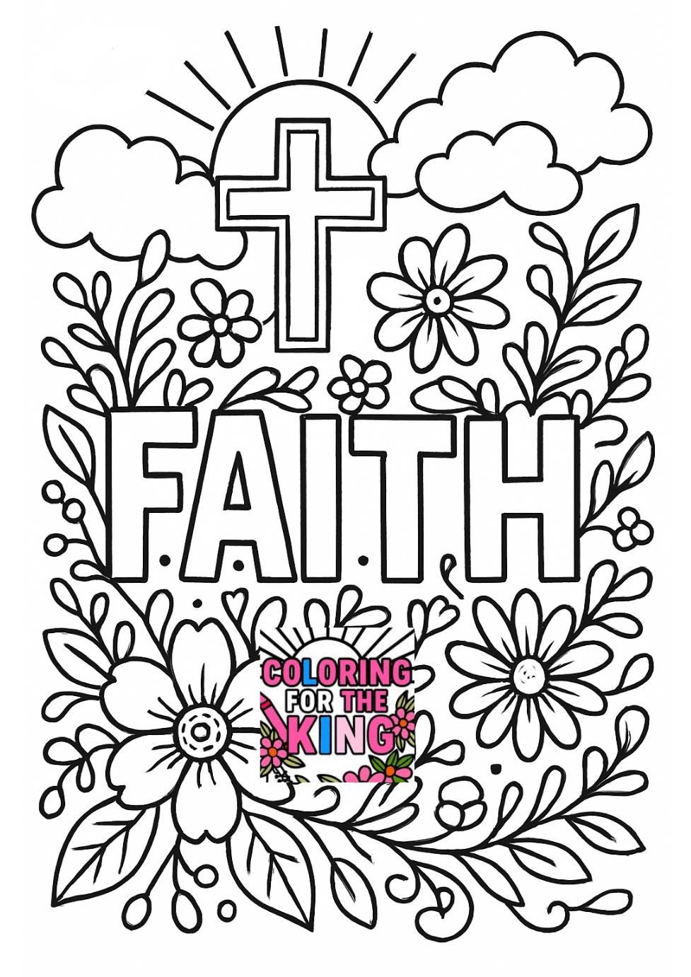 Christian Faith - Cross - Flowers - Printable Coloring Page - (PDF Instant Download)