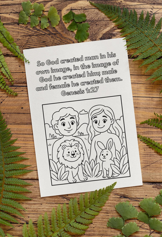 Created in His Image – Genesis 1:27 Coloring Page - Bible Verse - Adam and Eve (PDF Instant Download)