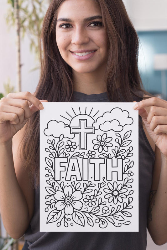 Christian Faith - Cross - Flowers - Printable Coloring Page - (PDF Instant Download)