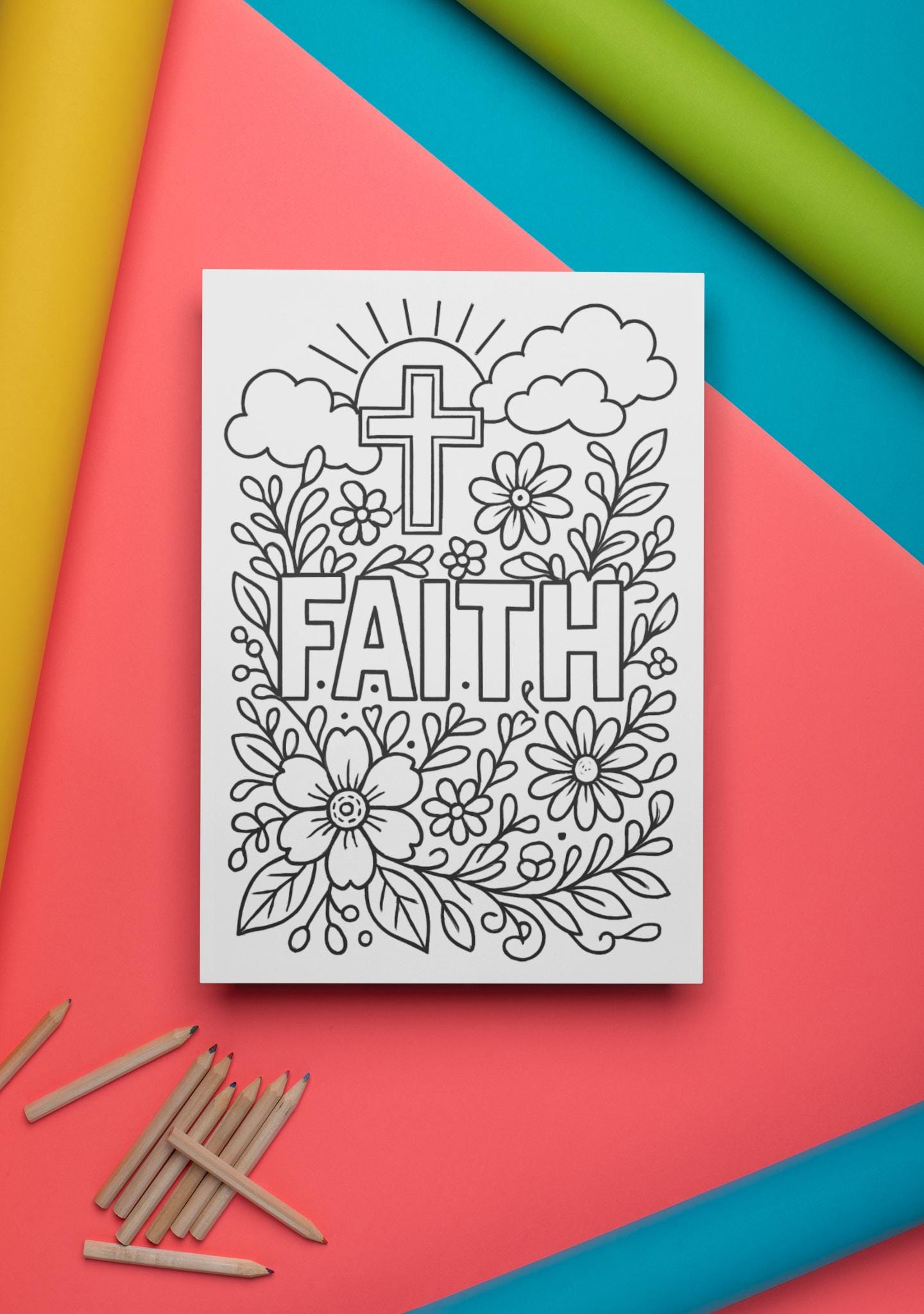 Christian Faith - Cross - Flowers - Printable Coloring Page - (PDF Instant Download)