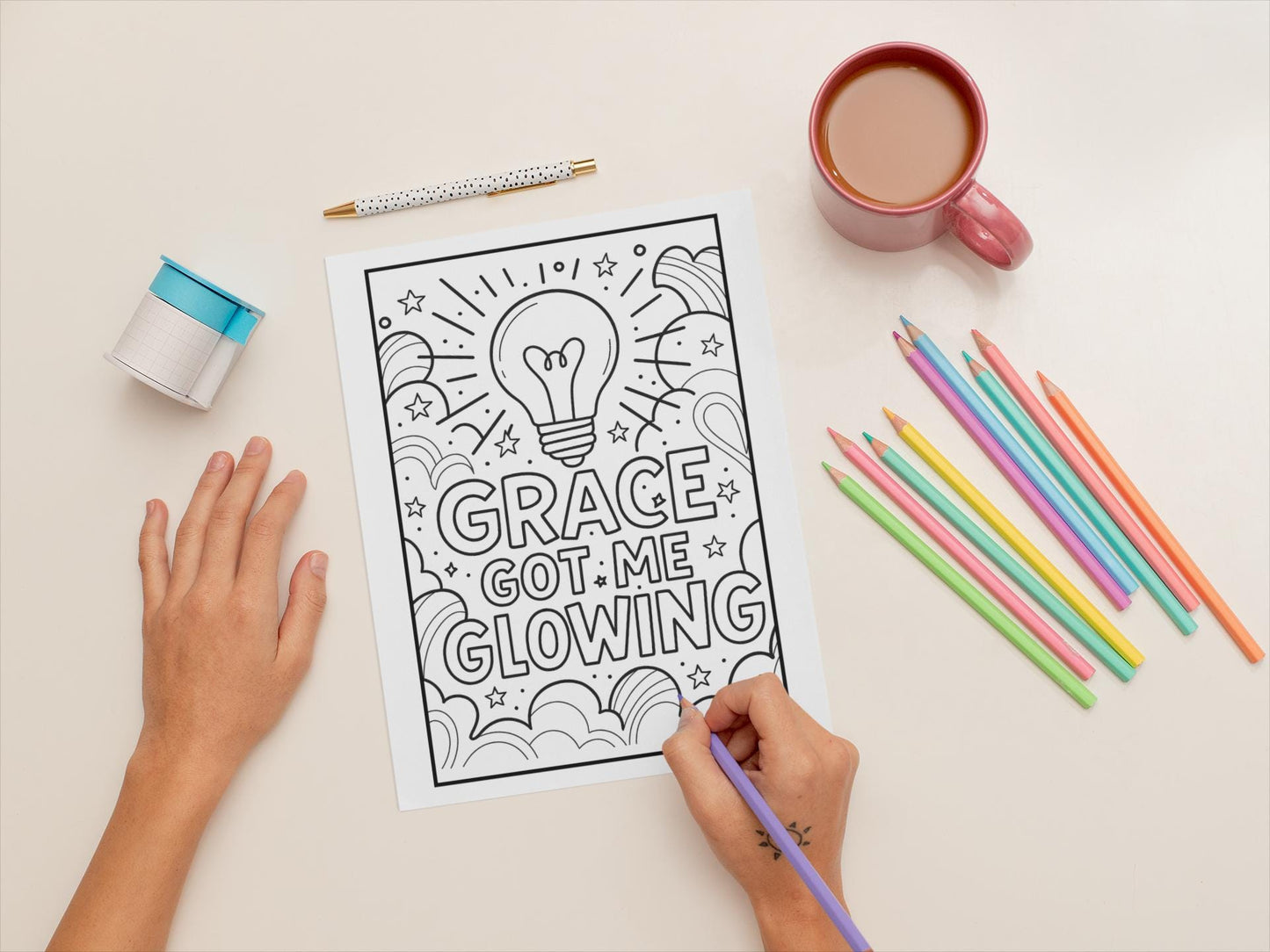 Grace Got Me Glowing - Christian Coloring Page (PDF Instant Download)