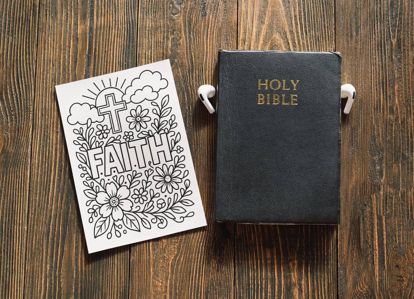 Christian Faith - Cross - Flowers - Printable Coloring Page - (PDF Instant Download)