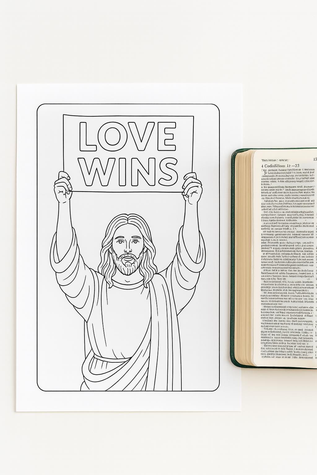 Jesus and Love Wins Sign - Christian Coloring Page (PDF Instant Download)