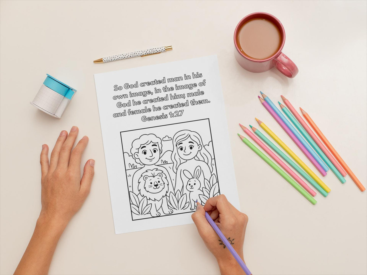 Created in His Image – Genesis 1:27 Coloring Page - Bible Verse - Adam and Eve (PDF Instant Download)