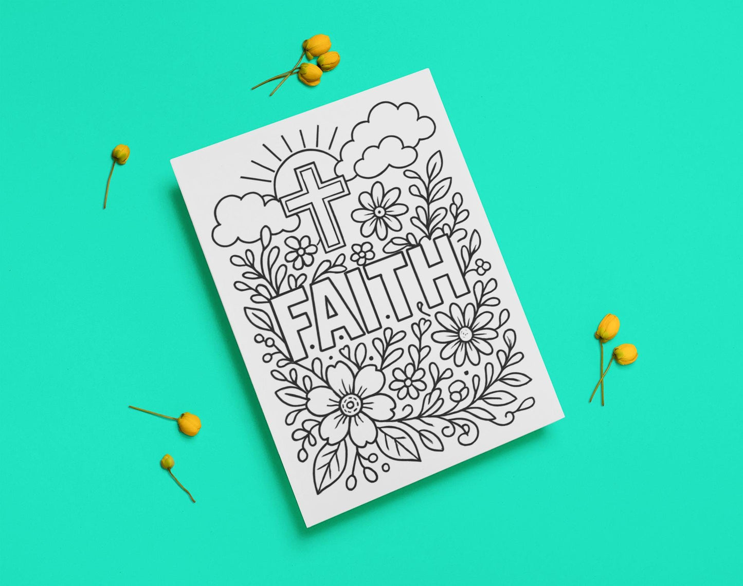 Christian Faith - Cross - Flowers - Printable Coloring Page - (PDF Instant Download)