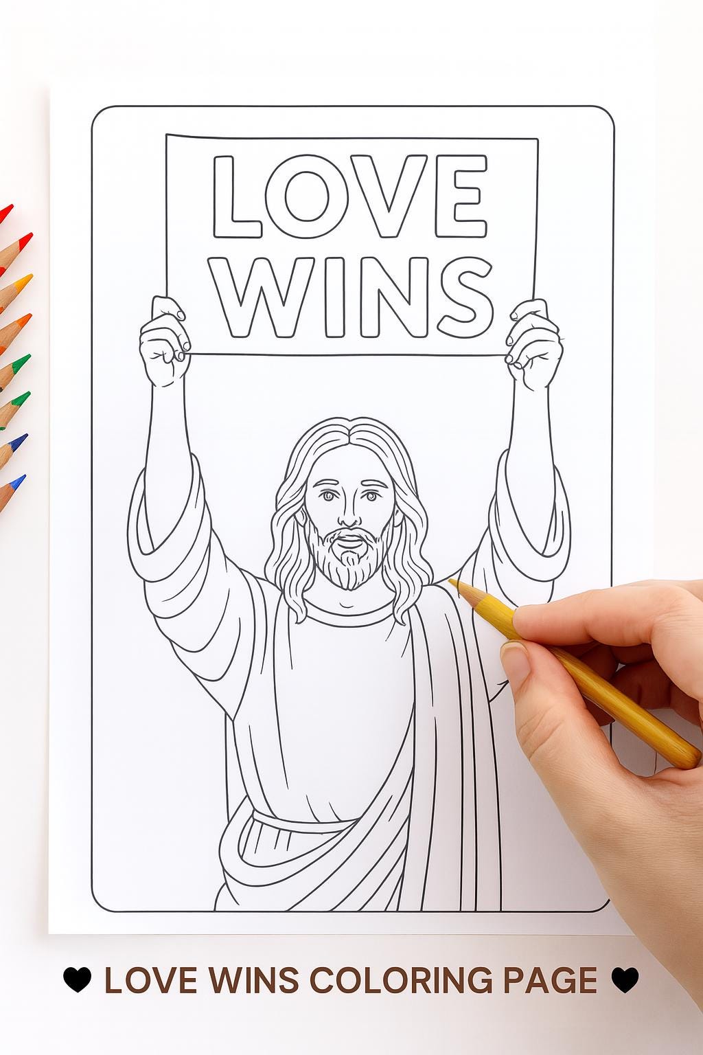 Jesus and Love Wins Sign - Christian Coloring Page (PDF Instant Download)