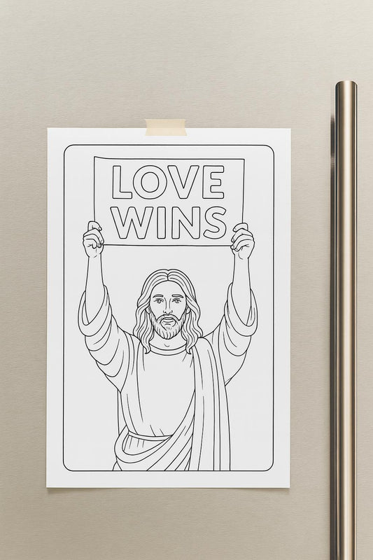Jesus and Love Wins Sign - Christian Coloring Page (PDF Instant Download)