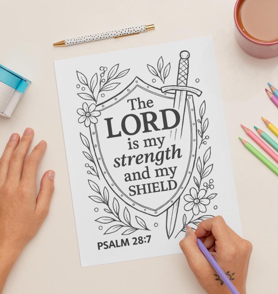 The Lord Is My Strength Psalm 28:7 - Printable Coloring Page - Bible Scripture - (PDF Instant Download)